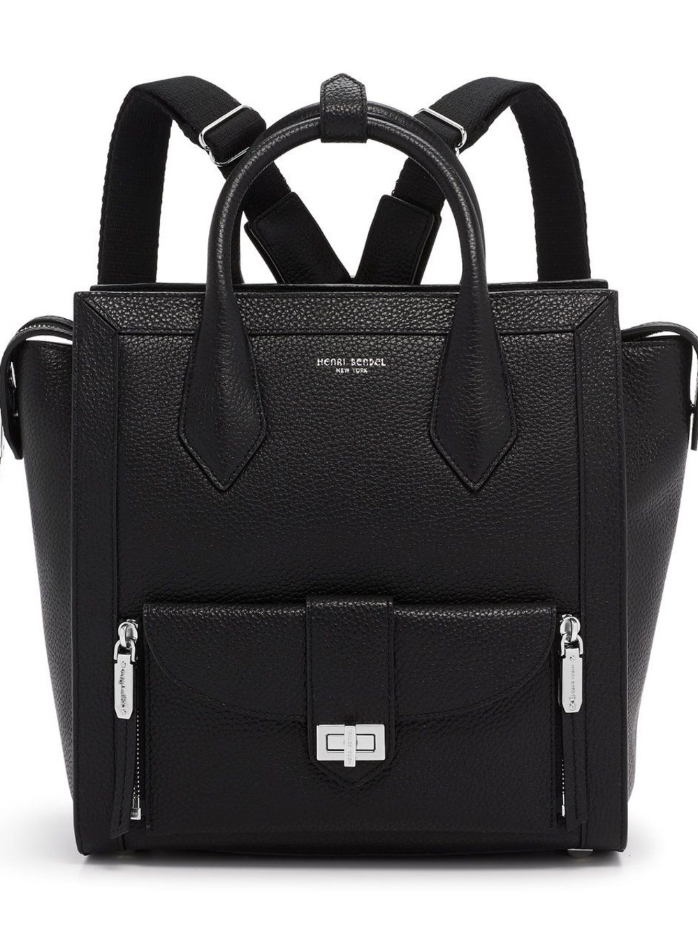 HENRI BENDEL RIVINGTON Black Leather Convertible Backpack Tote, Silver Hardware